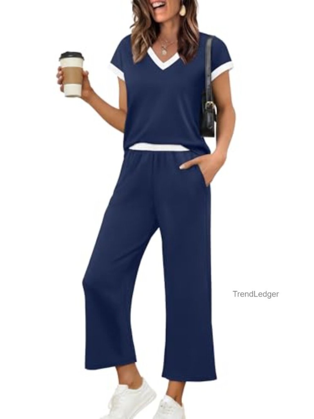 Women's Lounge Two Piece Set V Neck Cap Sleeve Wide Leg Pants Matching Travel
